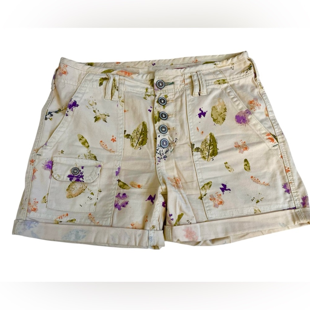 Cream Floral Utility Shorts High Rise Button Fly Cargo Pockets 28